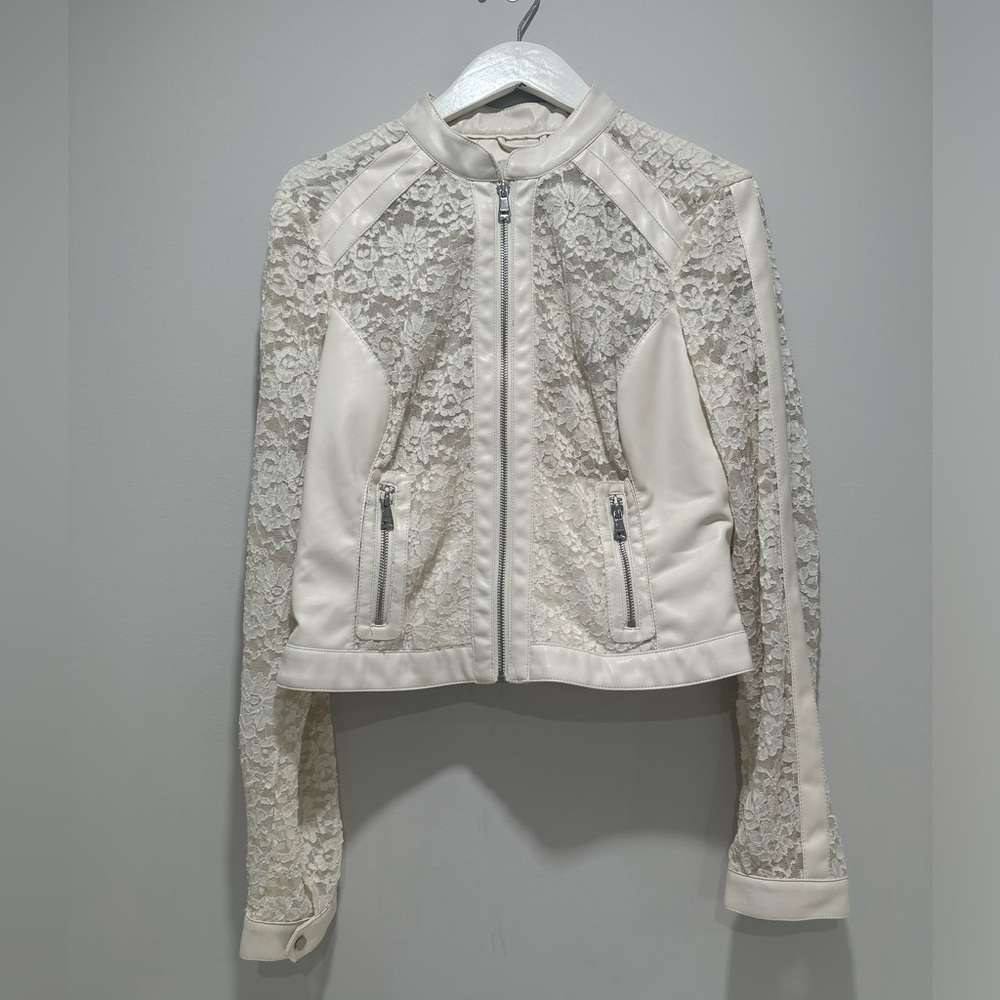 Bebe White Lace and Faux Leather Jacket Size 10